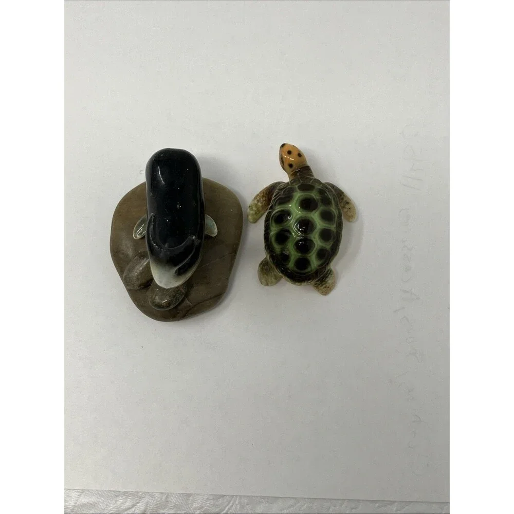 Vintage Ceramic Animal Figurine Lot Of 2 Miniature Whale On Stone & Sea Turtle